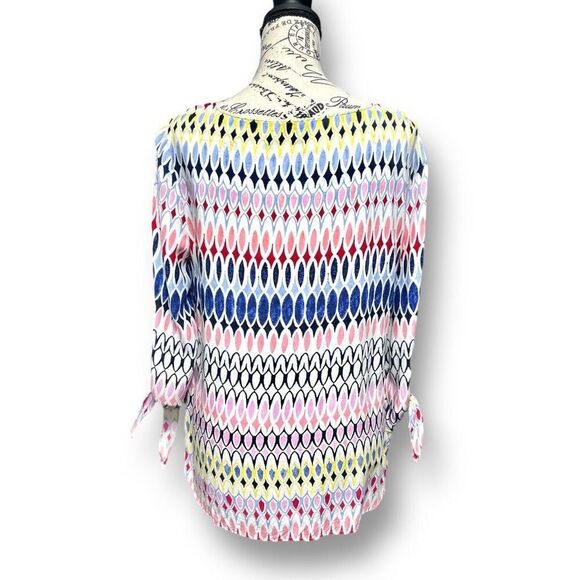 Talbots PL Blue White Pink Geometric Blouse Tie Sleeve Retro Mod Summer Top - Picture 4 of 8